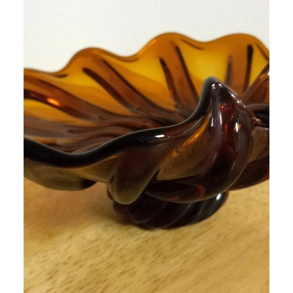 Vintage MCM Murano Style Amber Art Glass Ruffled Swirled Bowl /Catchall 8